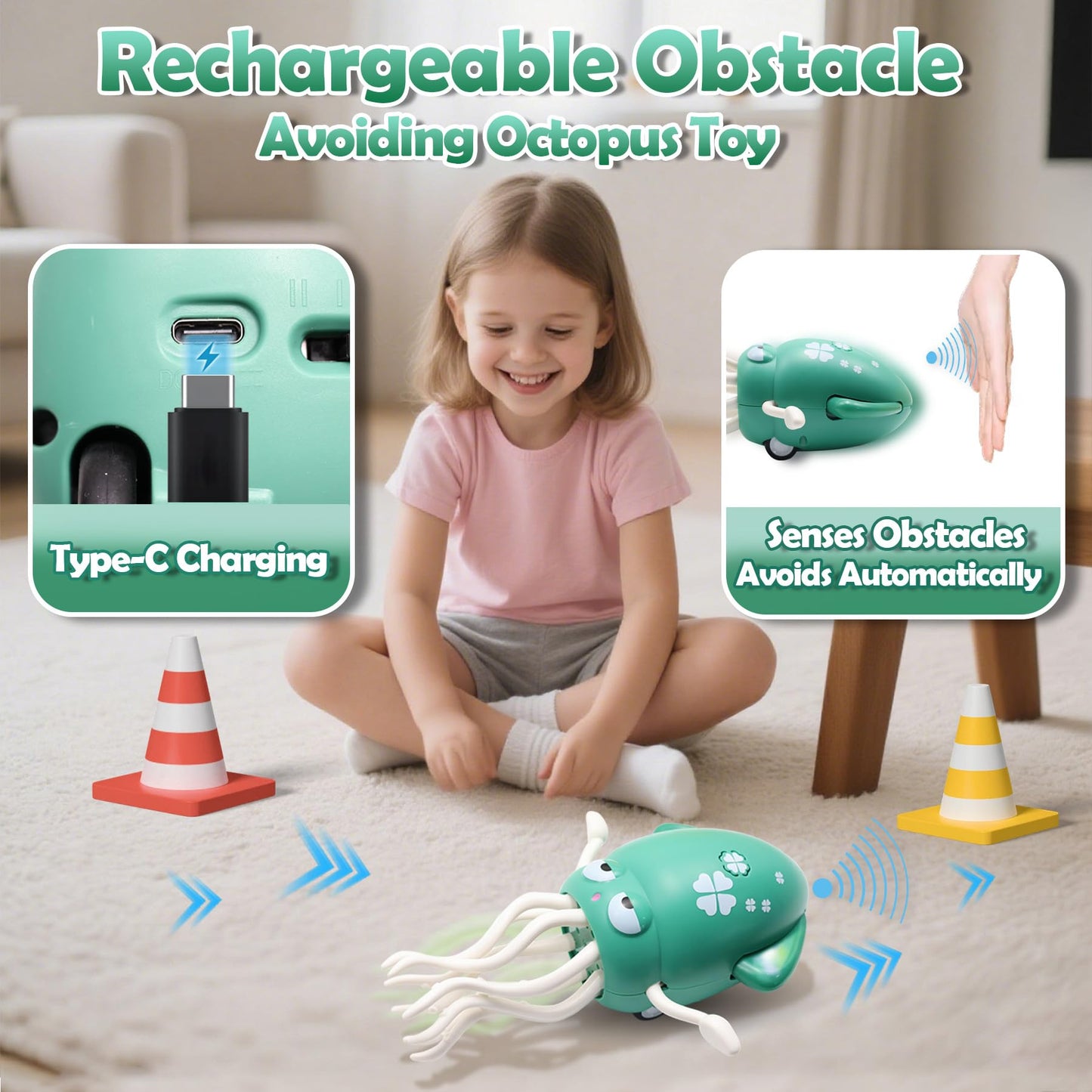 Pbooo Magic Dancing Octopus Toy, Electric Crawling with LED Lights and Music, Rechargeable Music Squid Baby Toy for 1-6 Year Olds, Tummy Time and Toddler Walking Toy, Birthday Gift, Green