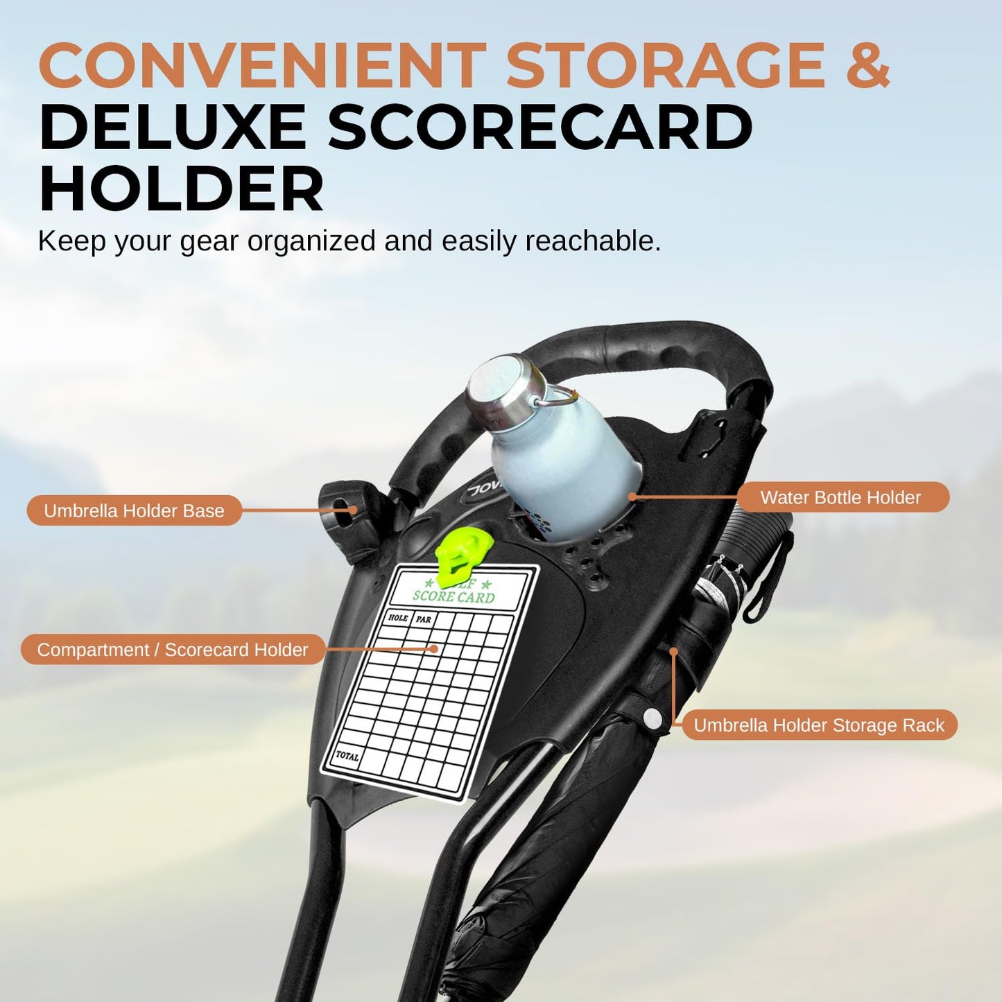 JOVIAL Golf Push Cart 3 Wheel - Lightweight Steel Frame Foldable Golf Bag Cart with Padded Adjustable Handle, Quick Brake System, Deluxe Scorecard Holder, Patented Bag Holder for Different Terrain
