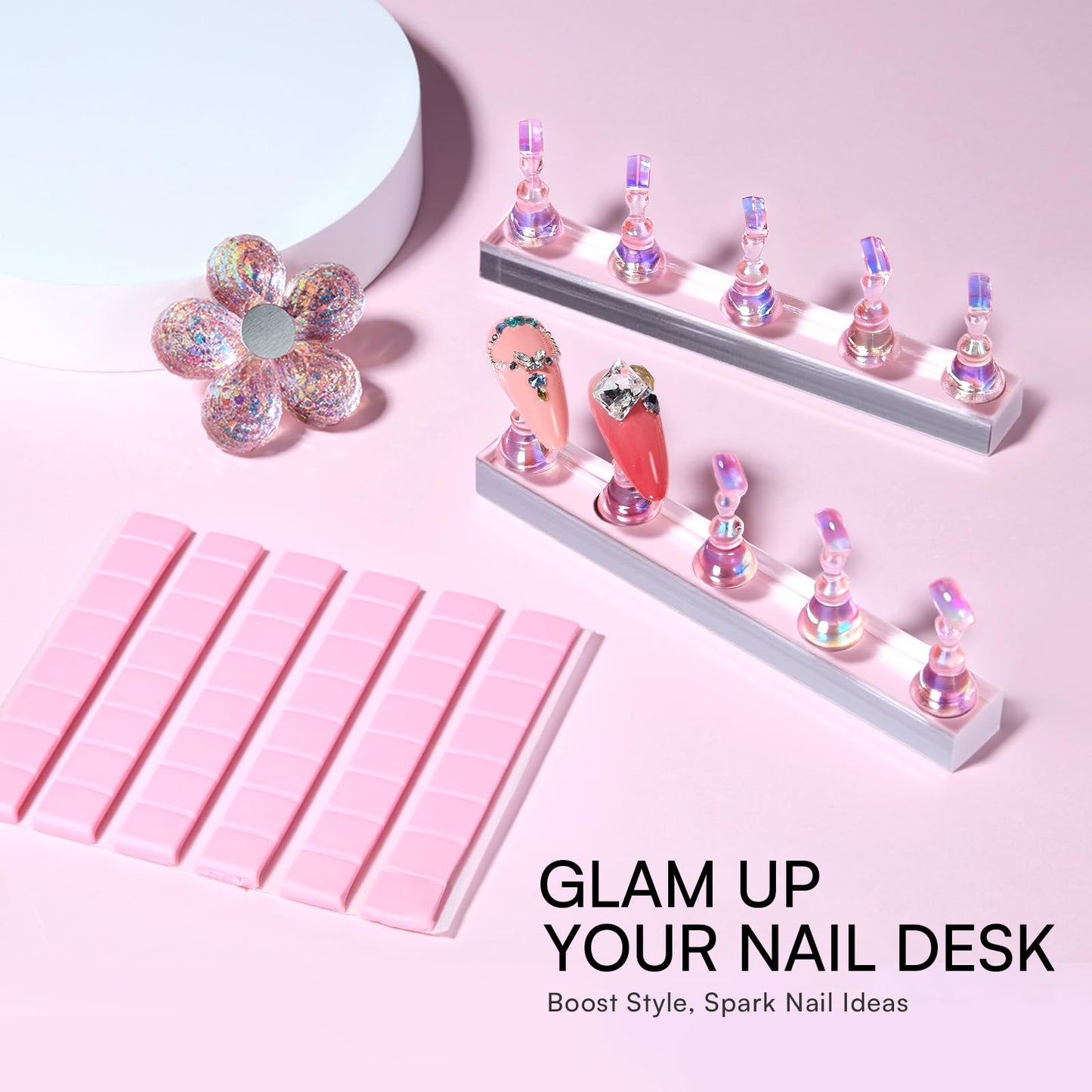 Makartt Holo Nail Stand for Press-On Nails DIY, Magnetic Holder, 1 Flower & 2 Long Bases, 10 Nail Stands for Gel Curing, Beginners Practice, Nail Tech & Creators Display Nails, Clear Pink, 48 Putty