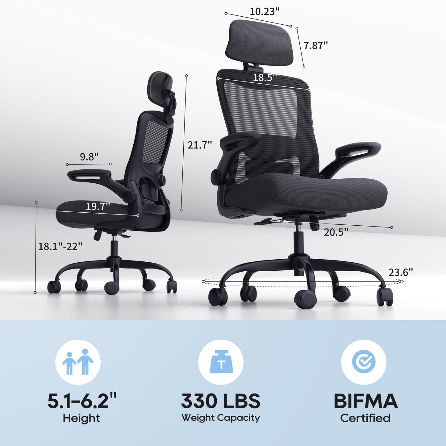 Zeonsit Ergonomic Office Chair, High Back Mesh Desk Chair with Adjustable Lumbar Support & Headrest, Flip-up Armrest, Computer Task Chairs for Home and Executive Office (B-Black)