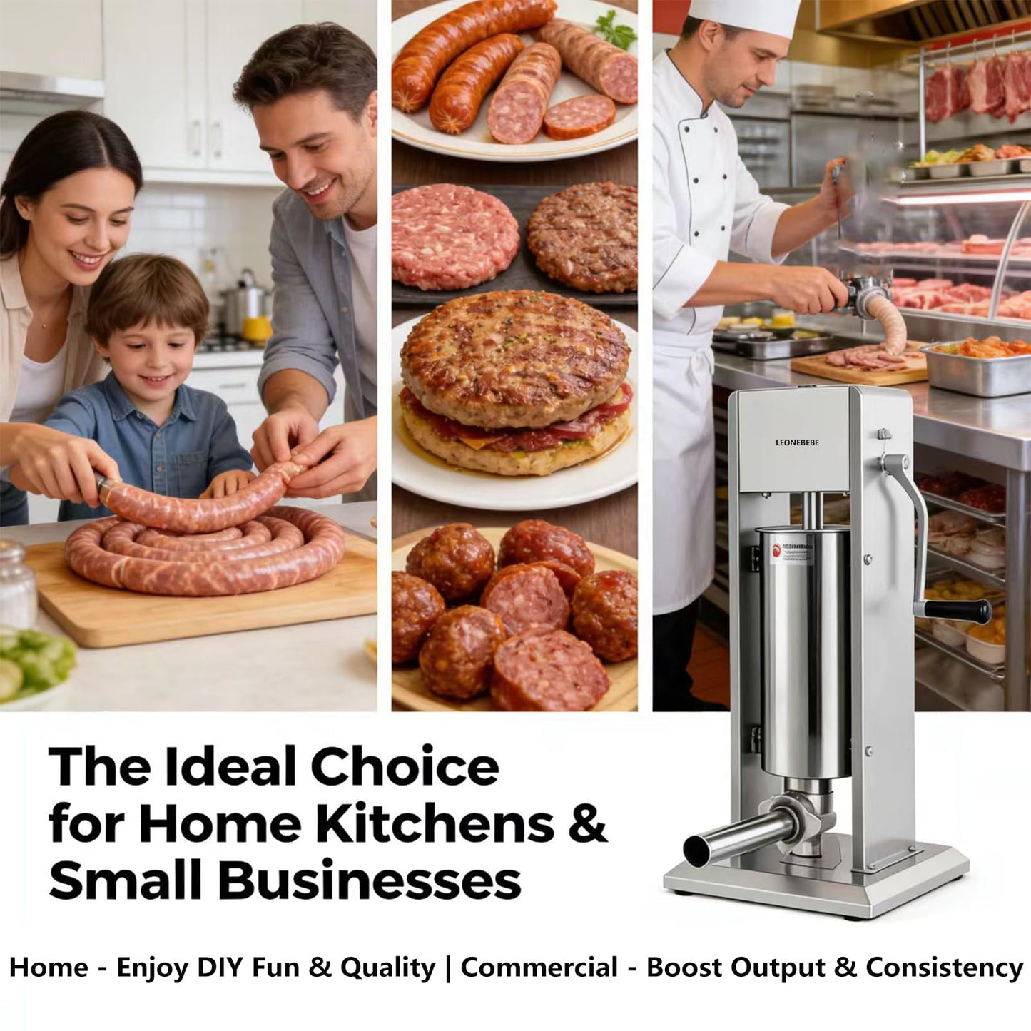 LEONEBEBE Manual Sausage Stuffer Filler, Commercial Vertical Sausage Maker Machine, 7Lbs/3L Capacity, 2 Speeds, Adjustable, 4 Stainless Steel Filling Tubes, Silver