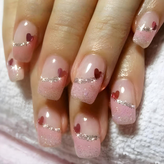 24Pcs Valentine's Day French Tip Press on Nails Medium Coffin Fake Nails with Silver Pink Glitter Heart Design Full Cover Artificial Glue on Nails Romantic Valentines Stick on Nails for Women DIY