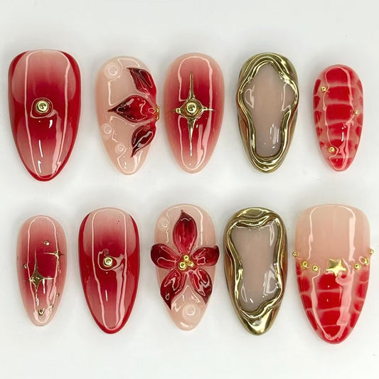 CJDLTS 24Pcs 3D Flower Fake Nail Medium Almond Gold Stars Rhinestones Lines Design Stick on Nails Full Cover Reusable Coffin Press on Nails Artificial Acrylic Fingernails for Women Manicure