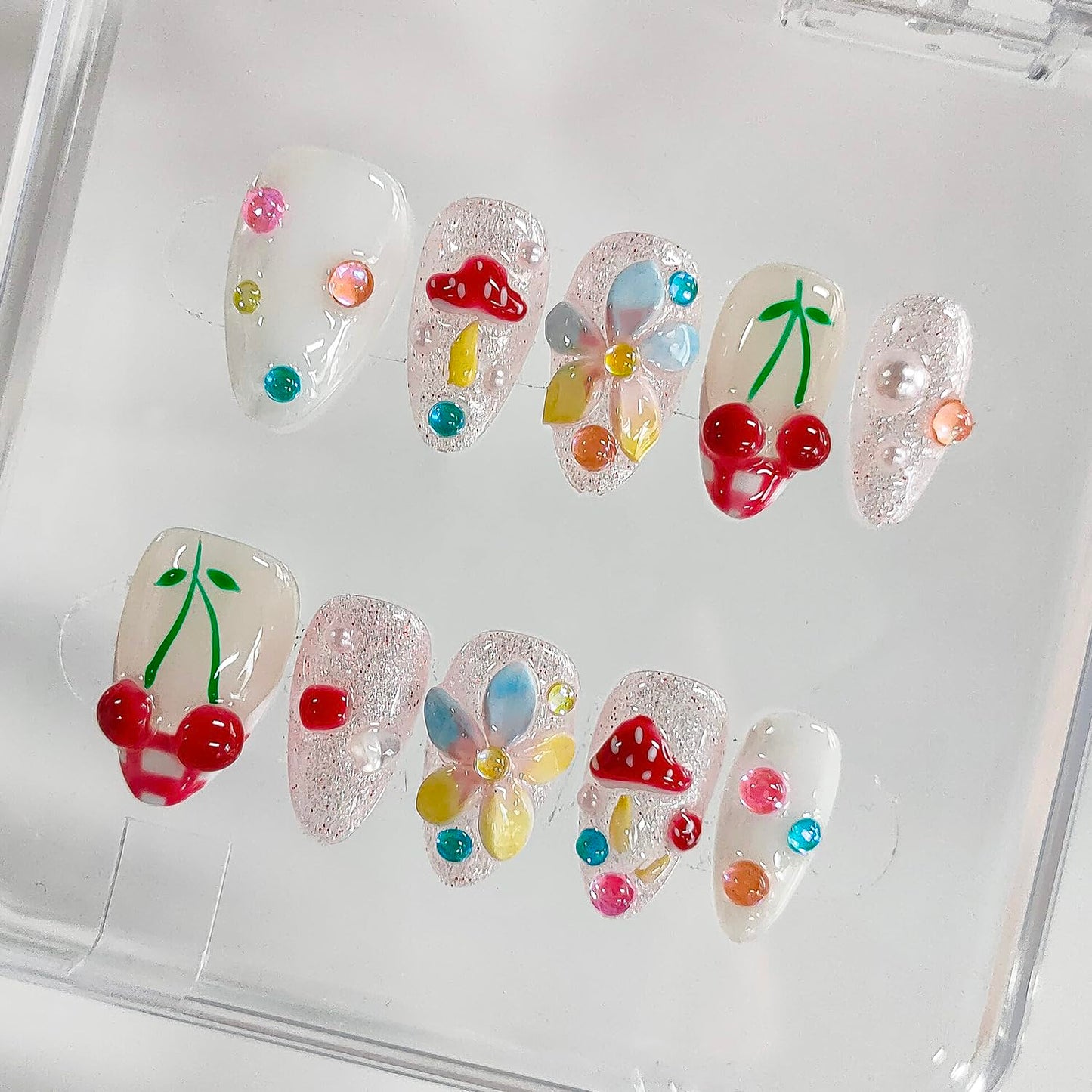 Handmade Press on Nails Almond Medium 3D Floral French Tip Thick Acrylic Fake Nails False Nails with Flower Mushroom Glitter Cherry Designs Cute Sturdy Nail Kawaii Art Press on Nails 10Pcs(S)