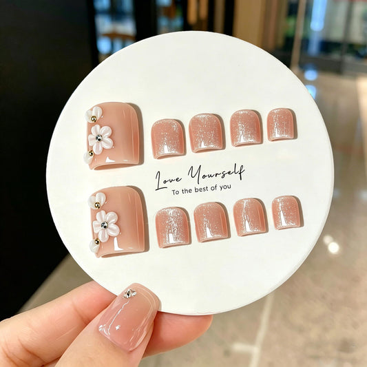 Handmade Press on Toenails White Flower Fake Toe Nails Tips Kit Press on Nails for Toes Glitter Muti-Layer Gel Thicked Acrylic Stick on Nails for Women Nail Supplies (S)