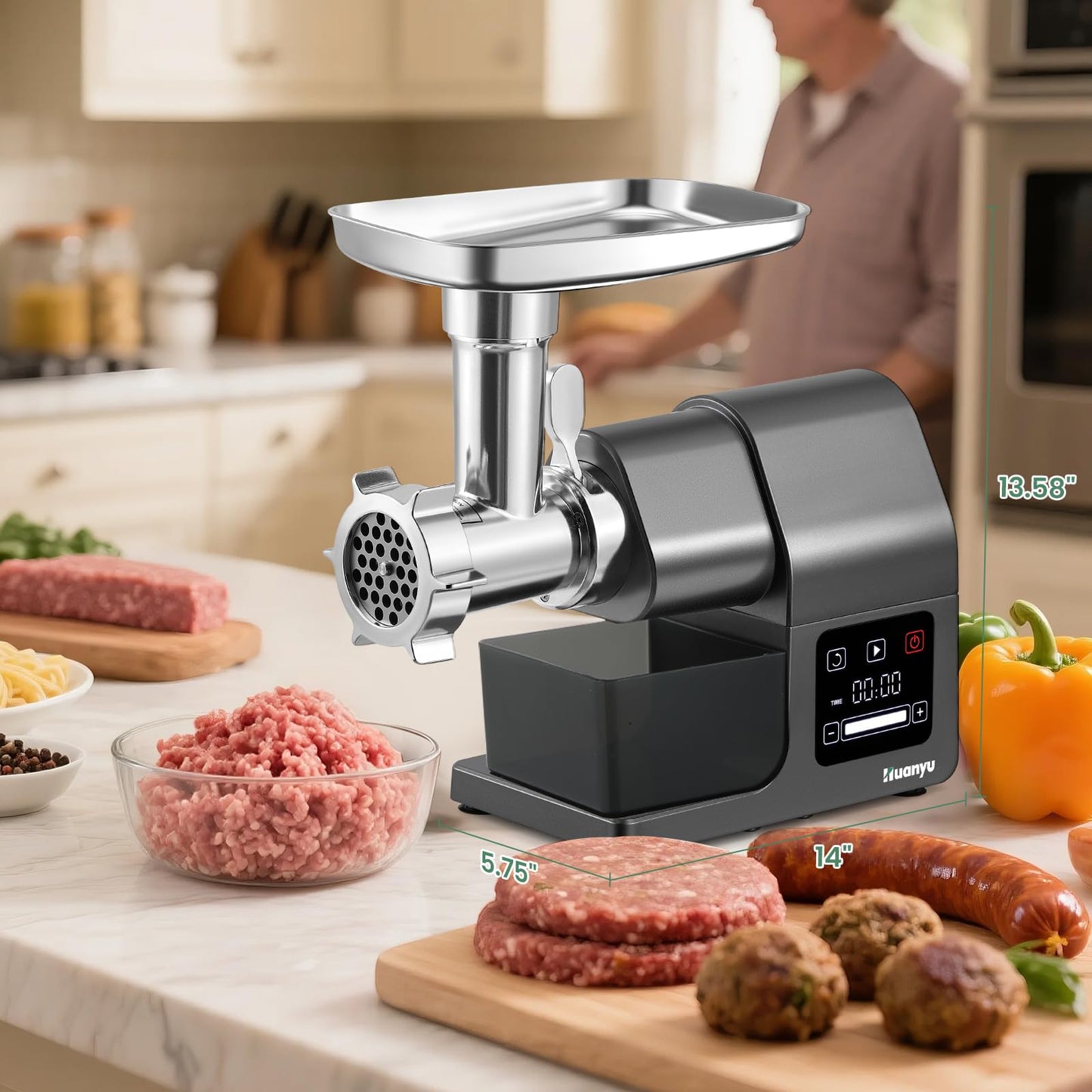 Electric Meat Grinder 2000W Heavy Duty, Touchscreen Control with 2 Blades, 3 Plates, Sausage Stuffer & Kubbe Kit, #10 Size for Home Use