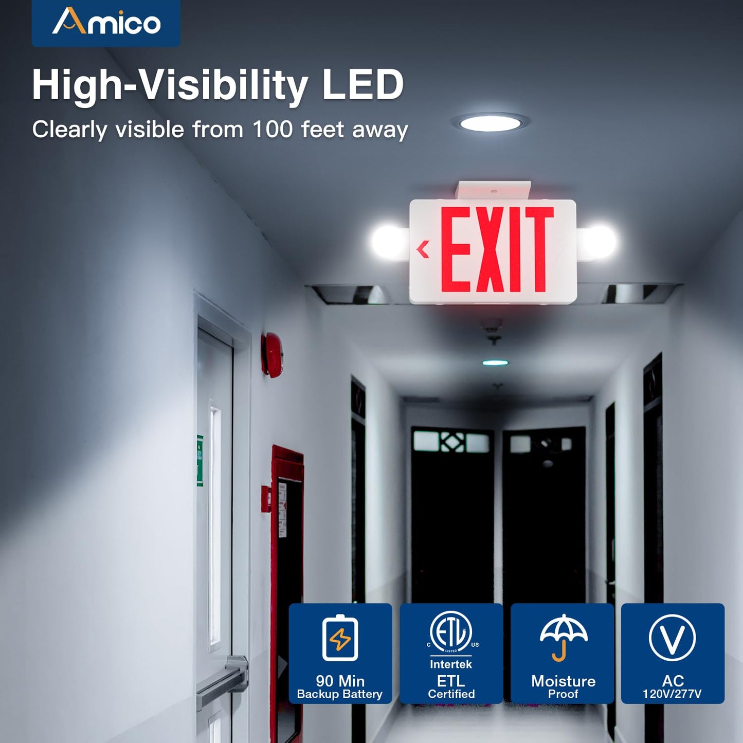 Amico 18 Pack Red Exit Signs with Emergency Lights, Commercial Grade 94V-0 Fire Resistant, Two LED Adjustable Heads, 90-Minute Battery Backup, ETL Certified 120/277V, Wall or Ceiling Mount