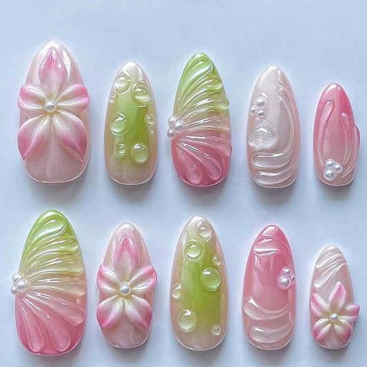 30pcs Pink Gradual Press on Nails Medium Almond Fake Nails Manicure Pressed on Designer's Handmade 3D Colorful Summer Flower Relief Design Pearl False Nail Glitter Stick on Nails for Women