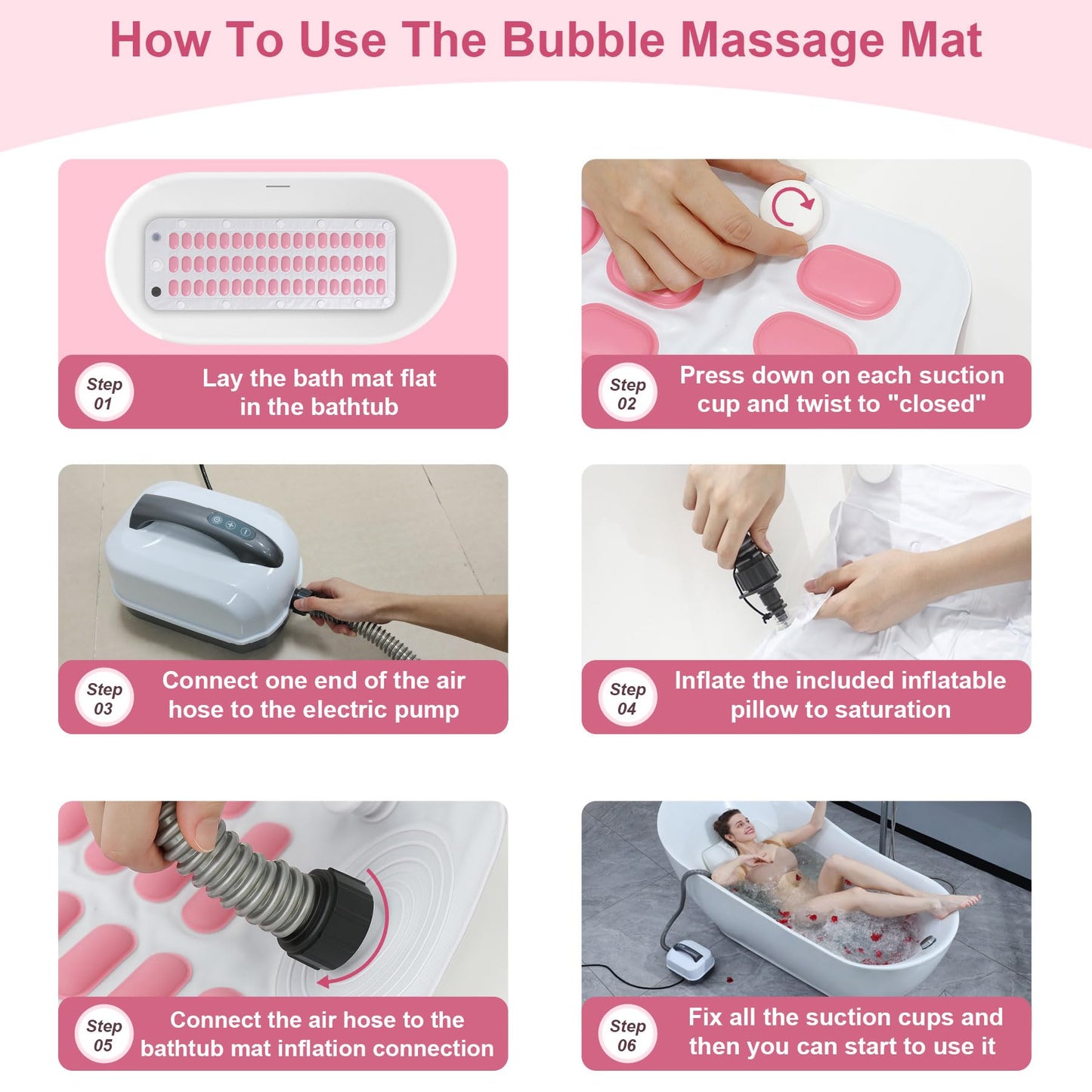 Electric Bubble Massage Mat with Pillow for Bathtub - Portable Spa Bubble Bath Massager, 6-Speed Adjustable Jet Spa & Remote Control, 13 Suction Cups, 74 Air Jets for Full-Body Relaxation