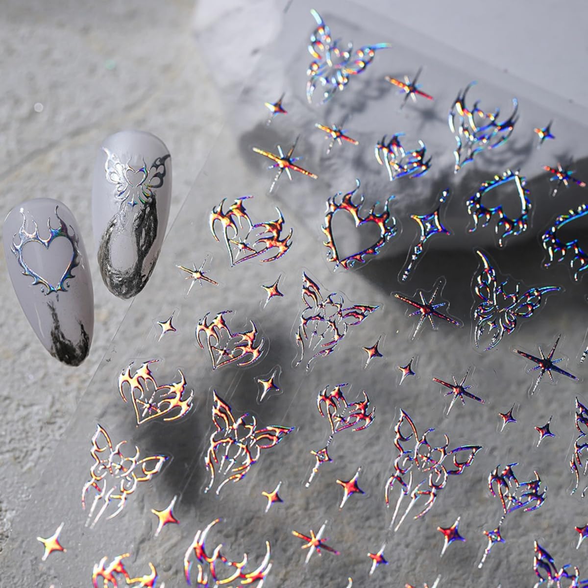 5D Embossed Star Nail Stickers Blue Aurora Nail Art Stickers Shiny Laser Nail Decals Self-Adhesive Heart Butterfly Designs Nail Art Supplies DIY Manicure Decoration for Women Girls