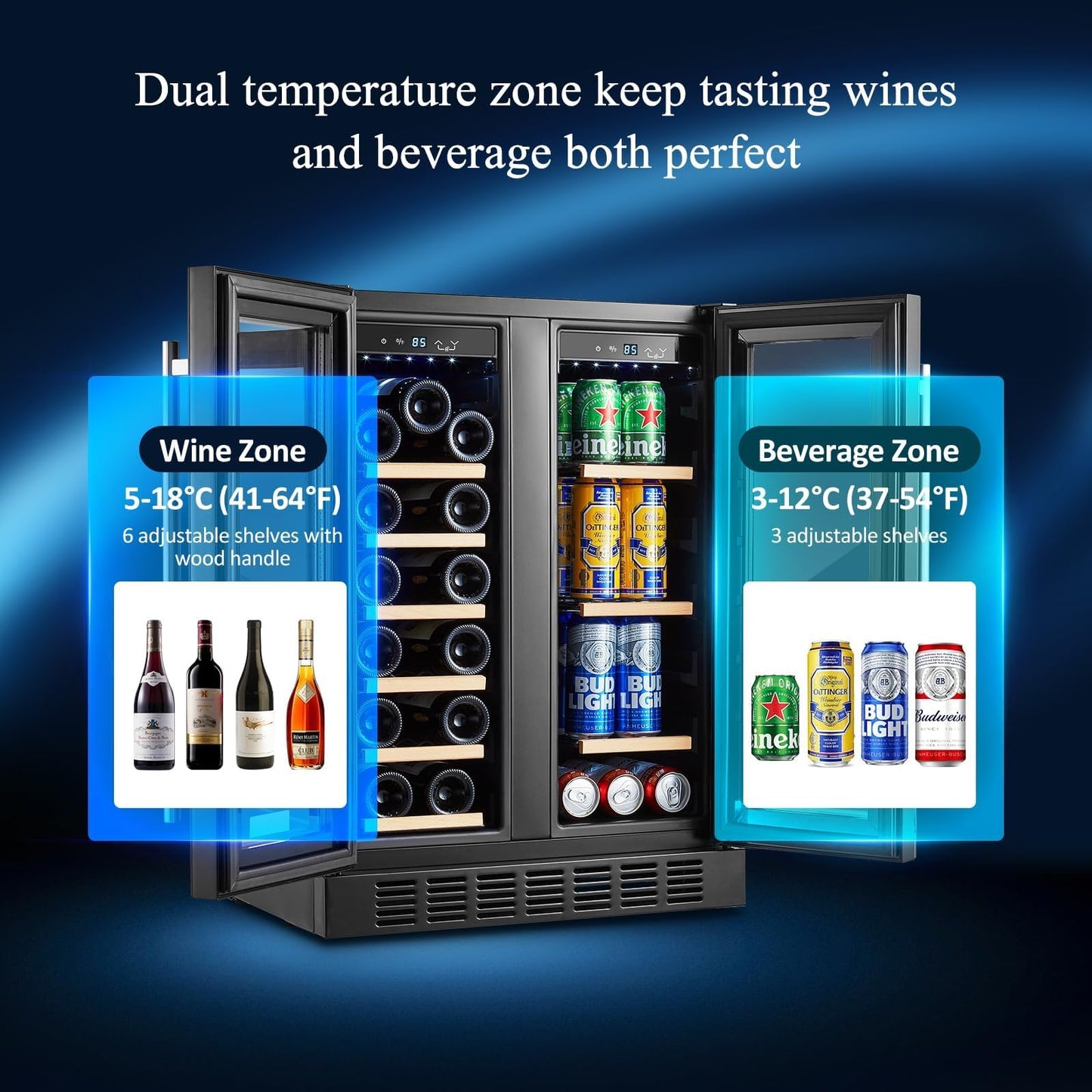BODEGA 24 Inch Wine and Beverage Refrigerator Free Standing. Dual Zone Stainless Steel Wine Fridge under Counter, Drink Cooler for Beer, Soda, Champagne, Holds 41 Cans and 17 Bottles, Black
