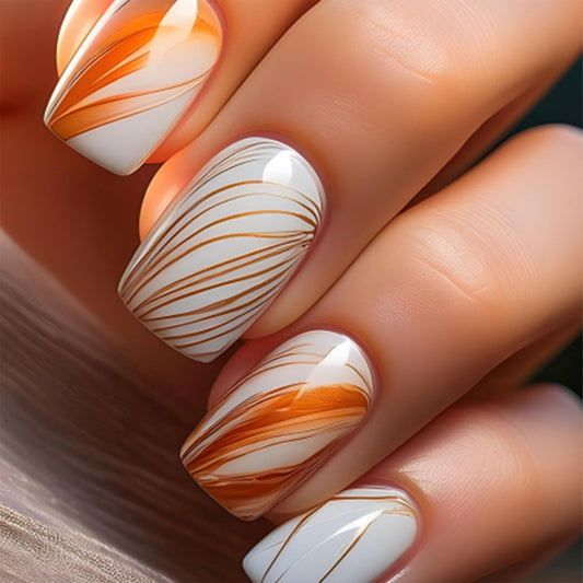 Press on Nails Short Square Fake Nails White Nails Press ons with Lines Designs Fall Acrylic Nails for Women 24Pcs