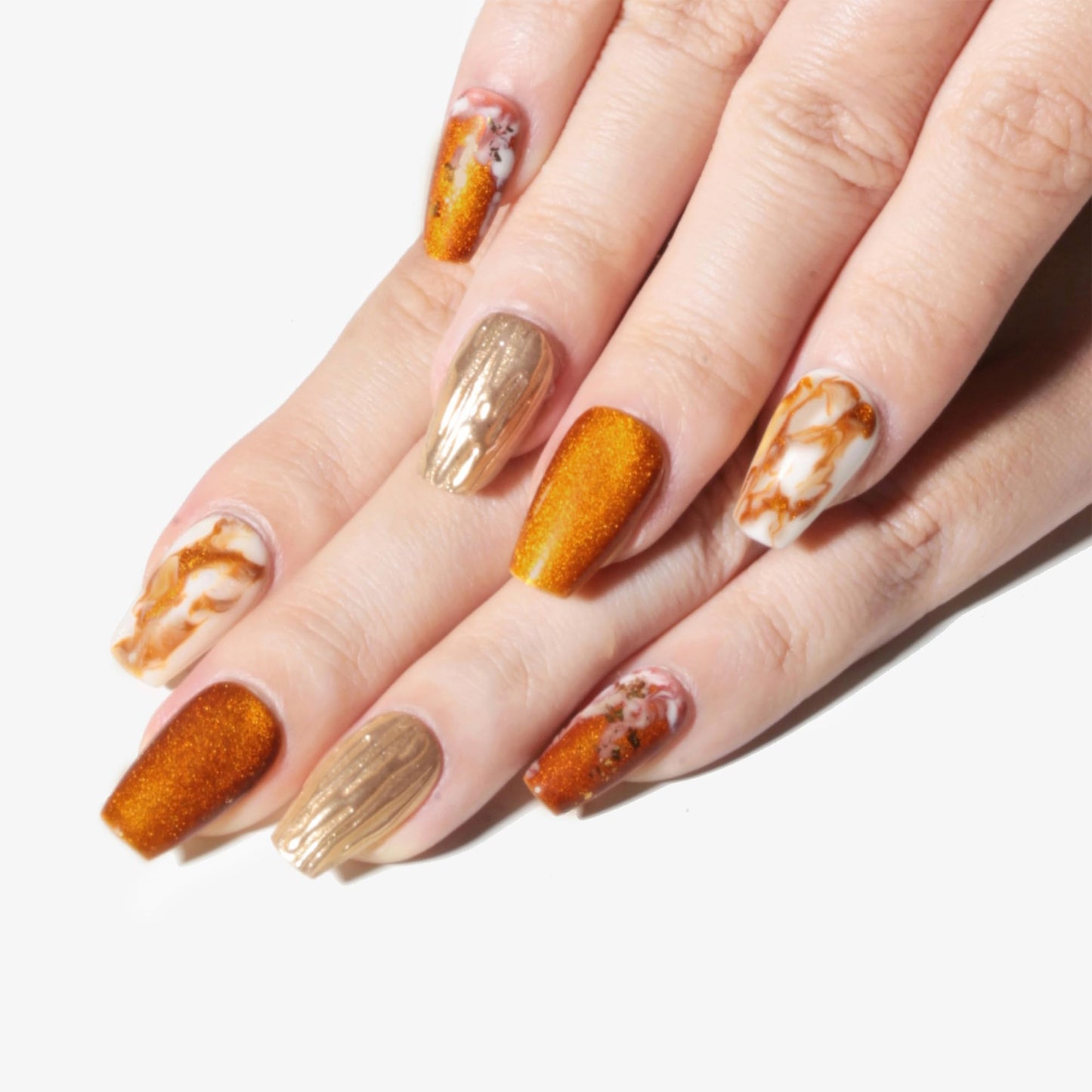 Sun&Beam Nails Handmade Press-on Short Coffin Ballerina Brown Gold White Amber Gradients Design False Nail Tips 10 Pcs (#134 M)