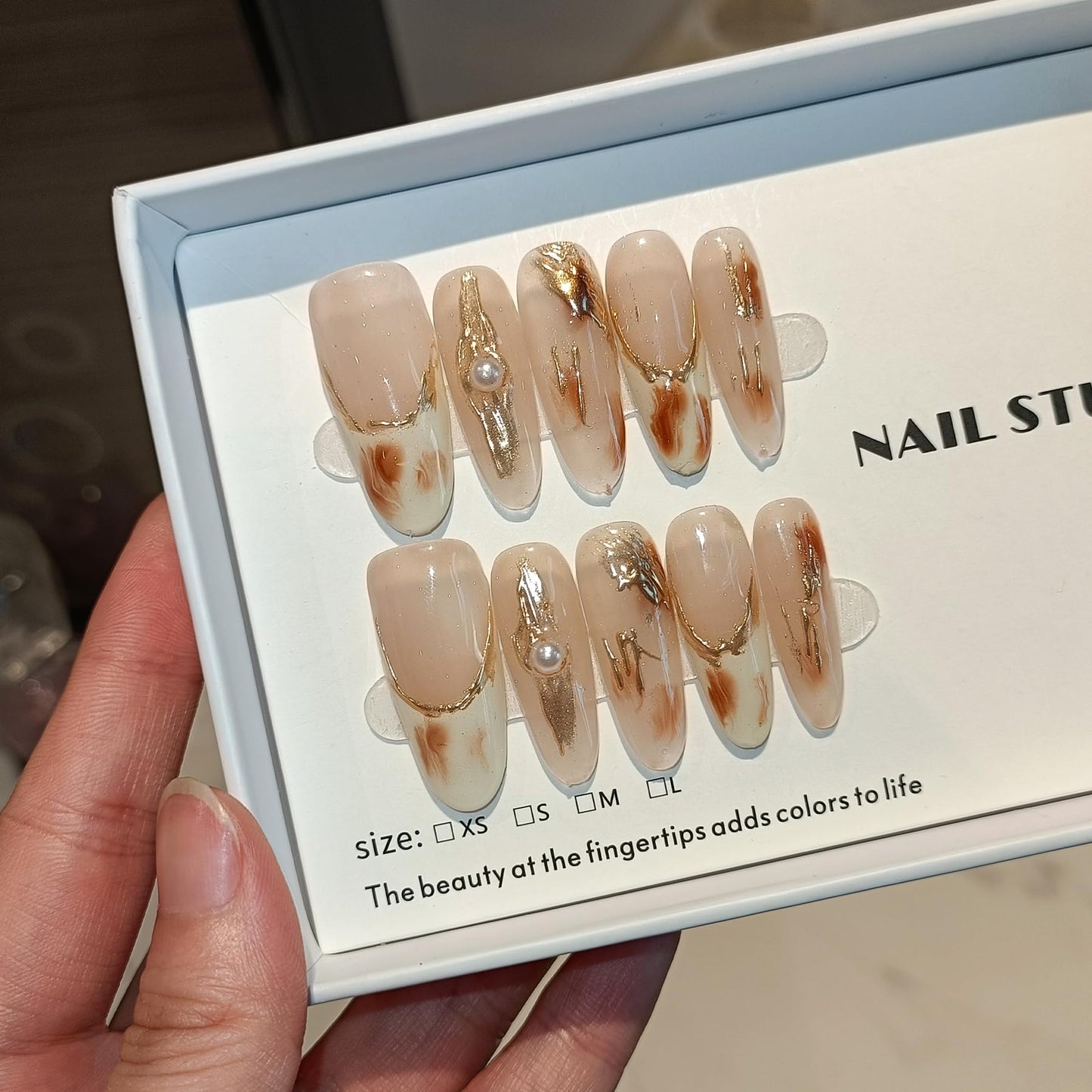 TENPAL Maillard Press on Nails Almond Shape French Tips Nails With Gold Foli Fake Nails With Glue Handmade Acrylic Glossy Soft Gel Light Brown Nails Press ons For Women Girls 10pcs/Box(S)