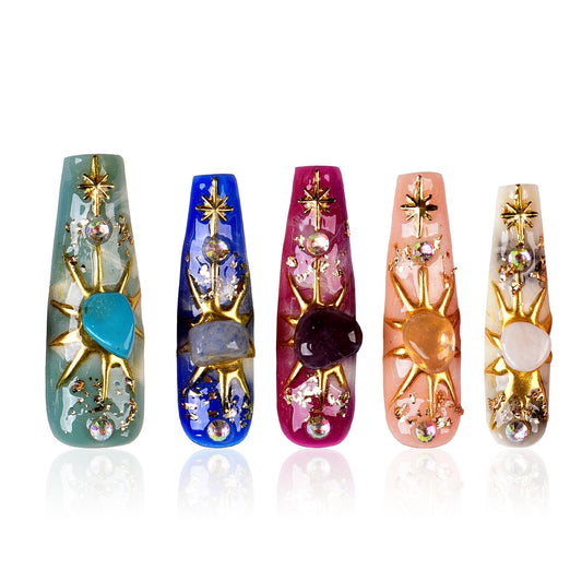 Tmani 10pc/set Long Handmade Press On Nail Hot Girl's Long Nails Ten Kinds of Natural Crystal Stone Decoration Fake Nails Suitable For Girls Festival Parties and Birthday Gift(260,S)