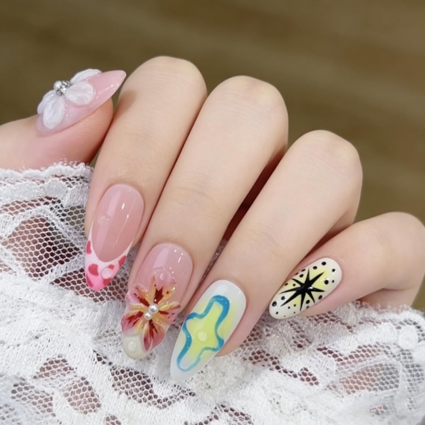 Floral Handmade Medium Almond Press on Nails Nude Pastel 3D Floral Star Patterns Rhinestone Pearl Glossy Finish Reusable Spring Nails Easy Apply Fashion Durable Trendy Women Girls Nail Art 24 Pcs（M）
