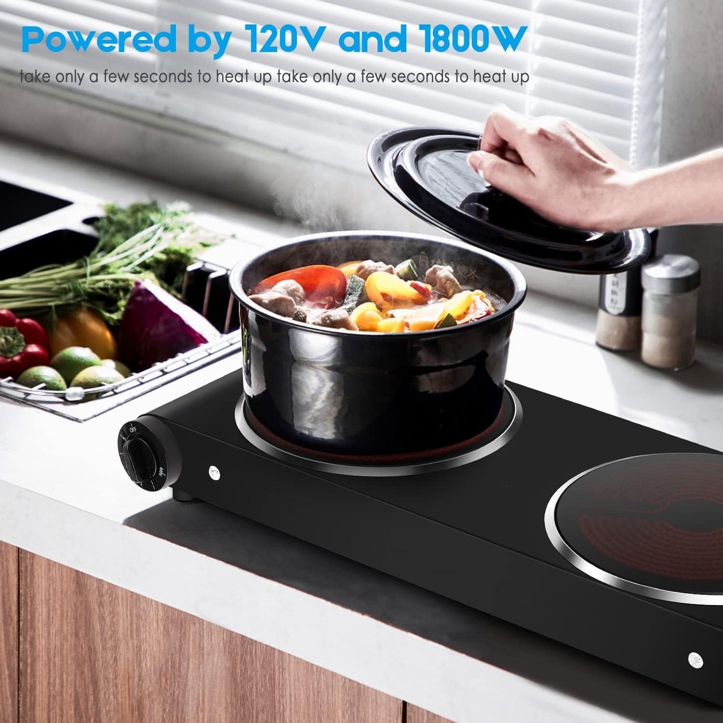 1800W Dual Infrared Burner Electric Hot Plate, High Power for Fast Cooking, 7 Inch Ceramic Glass Portable Electric Stove with Adjustable Temperature Control, Upgraded Version