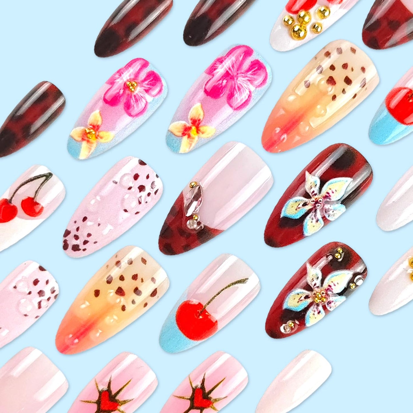 24pcs French Tip Press on Nails Medium Length Flower Embossed Fake Nails Cherry Design Glossy Almond False Nails Full Cover Press ons Simple Fashion Nail Tips Rhinestones Nails for Women