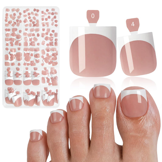 Bellelfin French Press On Toenails For Women with Nail Adhesive Tabs, 150 Pcs White French Tip Toe Nail Press Ons, Short Square Toenail Press On, 15 Sizes Full Cover Acrylic Fake Toe Nails