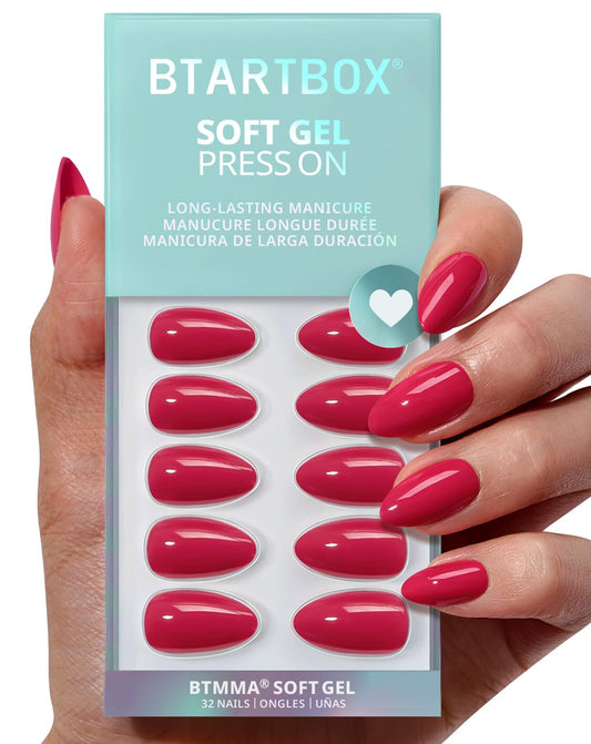 BTArtbox Press On Nails Almond - Raspberry Red Short Press On Nails with Glue for Women, Opaque Soft Gel Glue On Nails in 16 Sizes - 32 Stick On Nails Kit, Berry Blod