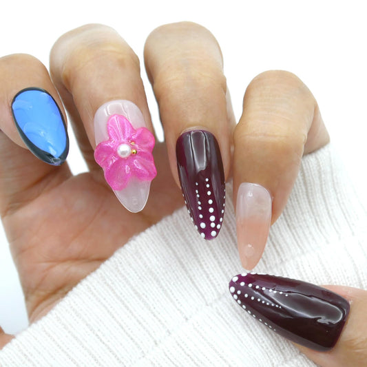 3D Pink Flower Press on Nails Almond - Medium French Tip Fake Nails with Embossed Flower & wave point Designs, Glossy Finish Reusable False Nails with Glue Tabs - 10Pcs Nail Kit for Women Manicure.