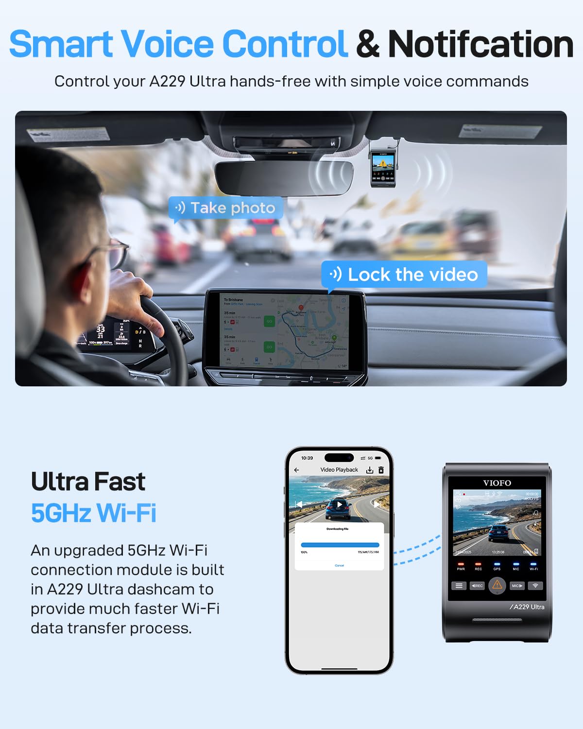 VIOFO A229 Ultra 2CH Dual 4K Dash Cam Front and Rear, Dual STARVIS 2 IMX678 Sensors & 2-Channel 4K HDR, Faster 5GHz Wi-Fi & Precise GPS Car Camera, Voice Control, Super Night Vision 2.0