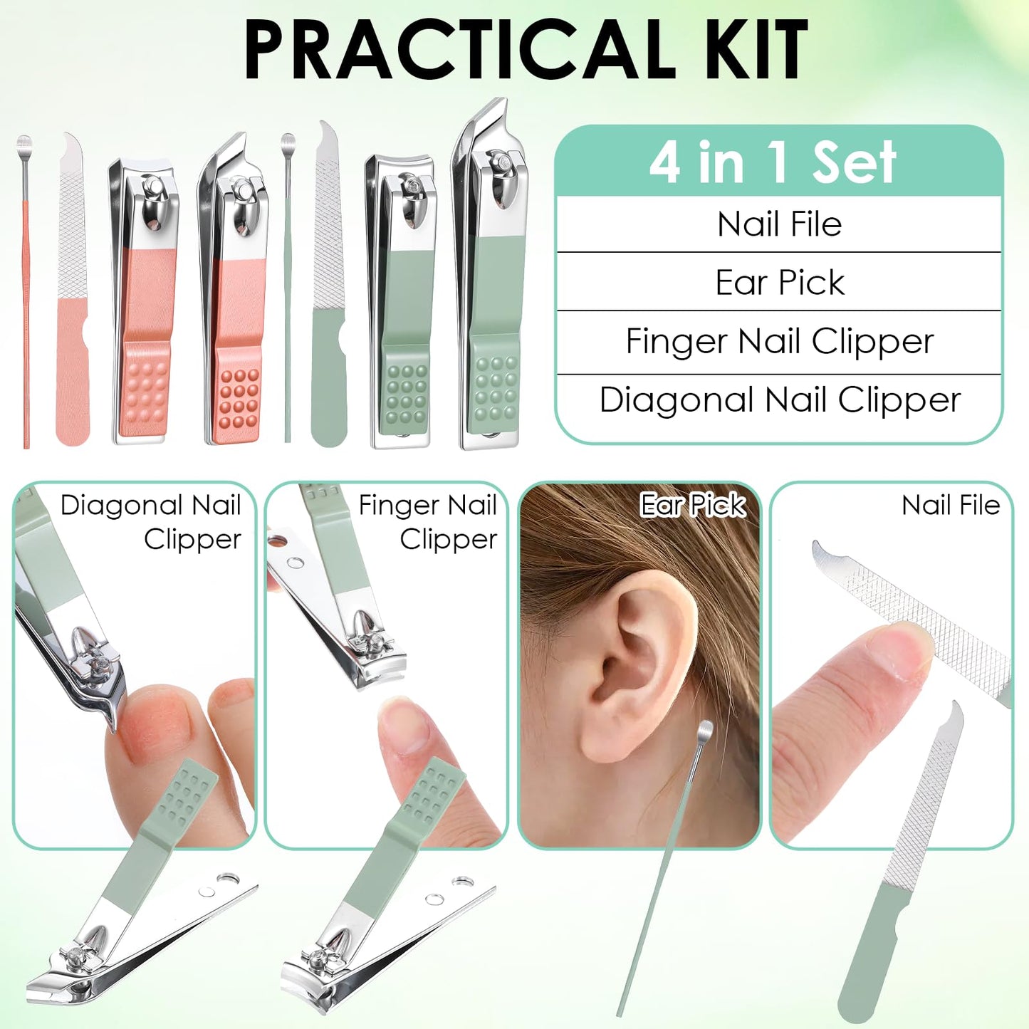 Lemecima 24 Sets Travel Manicure Kit, 4-in-1 Nail Clippers Bulk with PU Leather Case - 12 Pink & 12 Green Individually Wrapped Portable Nail Care Sets for Personal & Professional Use
