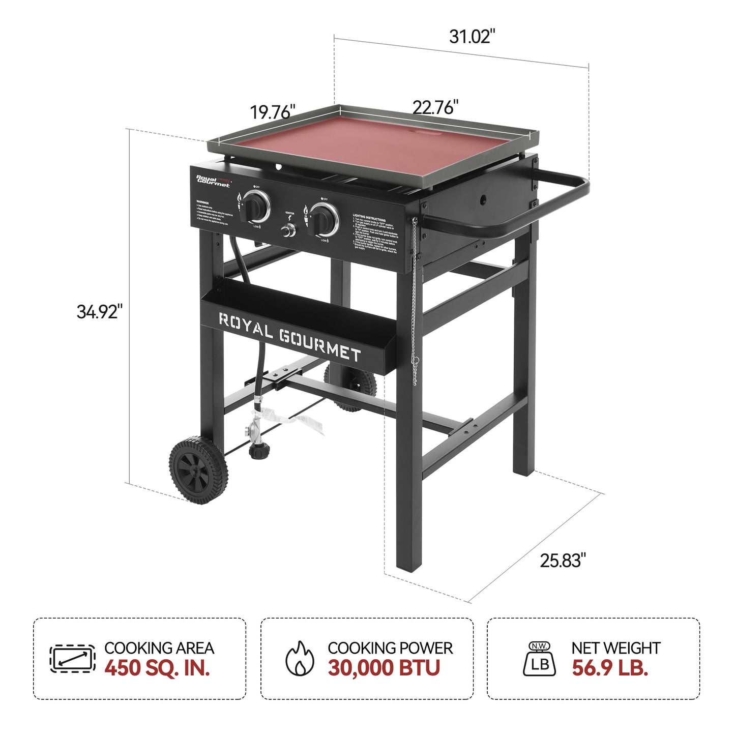Royal Gourmet GB2000N 2 Burner Propane Gas Griddle, 23 Inch Flat Top Grill with 450 Sq. In. Cooking Area for Backyard and Tailgating, Black