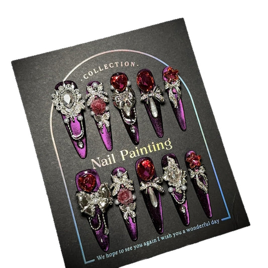 GLORS Luxury Long Press-On Nails, Purple Glitter Stiletto with Rhinestones, Handmade False Nails, 10 Pieces (Small, LS)