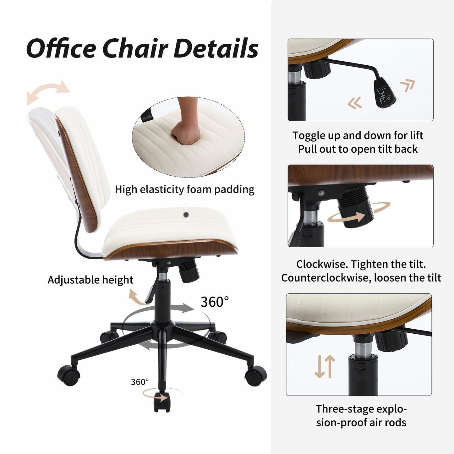 VipDesk Small Home Office Chair - Armless Mid Back Desk Chair with 360° Swivel and Wheels, PU Upholstered Height Adjustable Modern Walnut Computer Chair for Home, Office Meeting Room - Black
