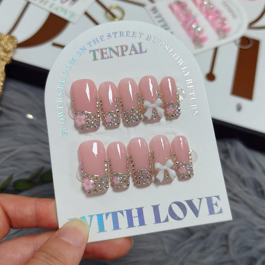 TENPAL Handmade French Tip Press on Nails Medium Coffin 3D Bow Rhinestone Glitter Pink Cute Sweet Girly Reusable Daily Wear Salon Acrylic False Nails 10PCS(M)