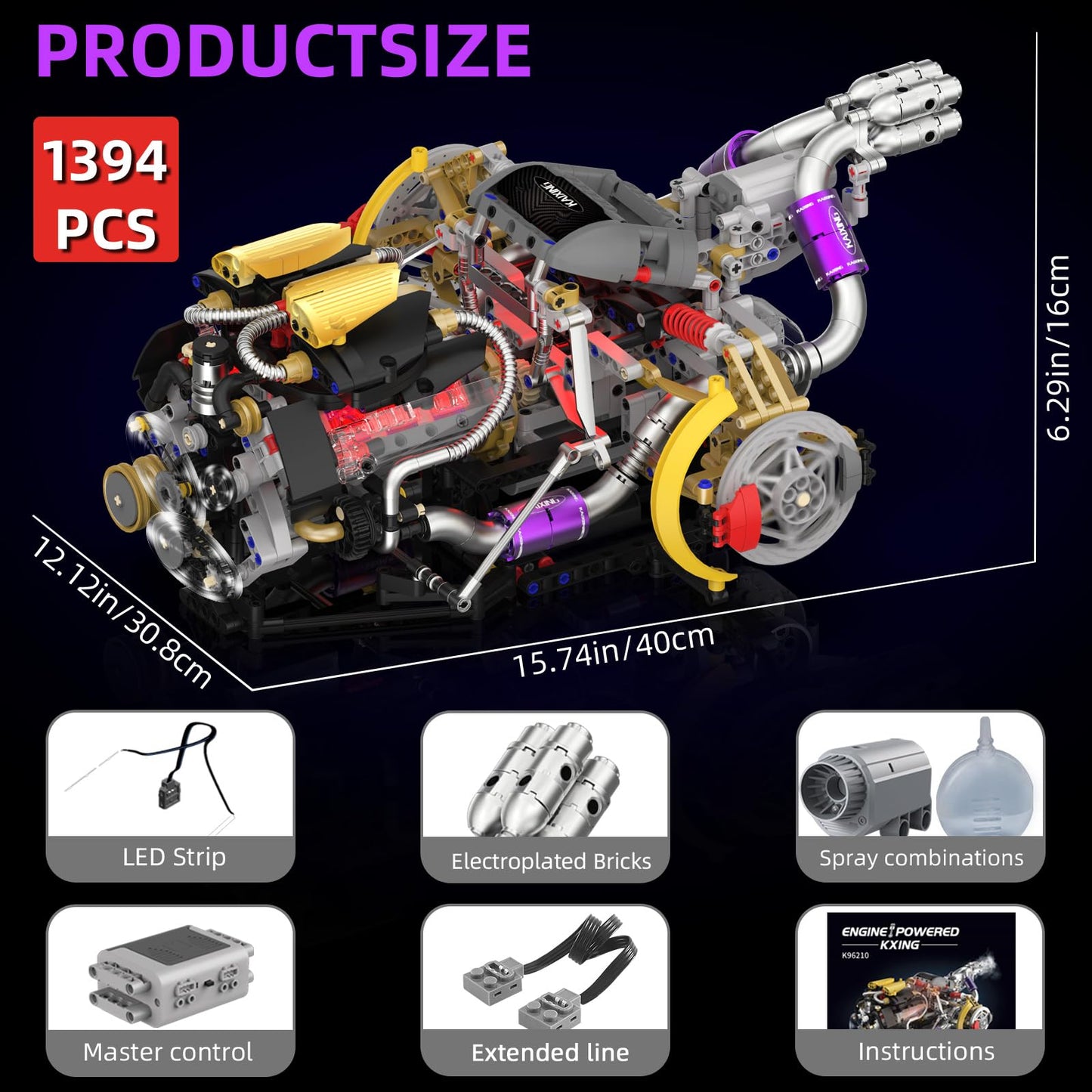 Suplanet V8 Engine Building Block Sets, V8 Engine Model Kit That Runs, Build Your Own Engine Model Toy with Spray & Light,STEM Engineering Building Blocks for Adults/Boys 8-14(1394PCS)