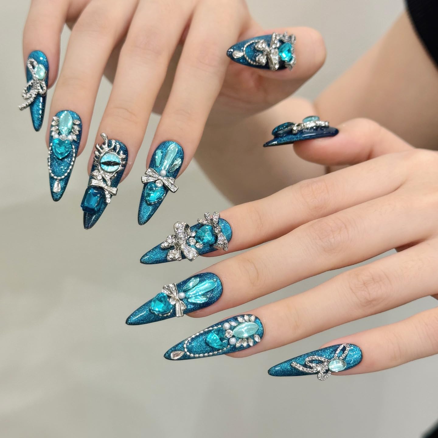 Yacey Luxury Jewel Handmade Press on Nails, Long Stiletto Reusable False Nails Press Ons, Blue Thick Acrylic Fake Nails with Charms, 3D Bling Glue on Nails for Women Girls (10 Pcs, S)