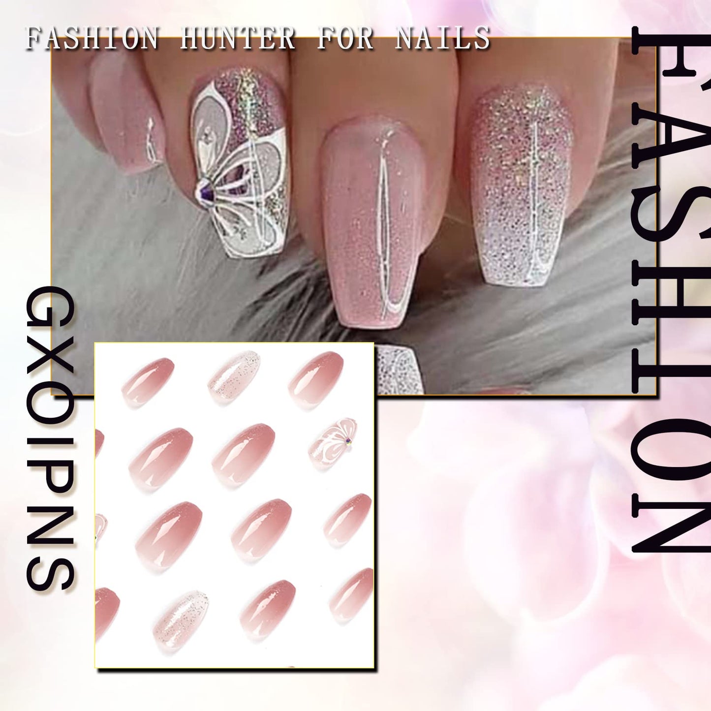 Pink Fake Nails Short Press on Nails Coffin False Nails with White Floral Designs Pink Full Cover Stick on Acrylic Nails Glitter Glossy Glue on Nails for Women