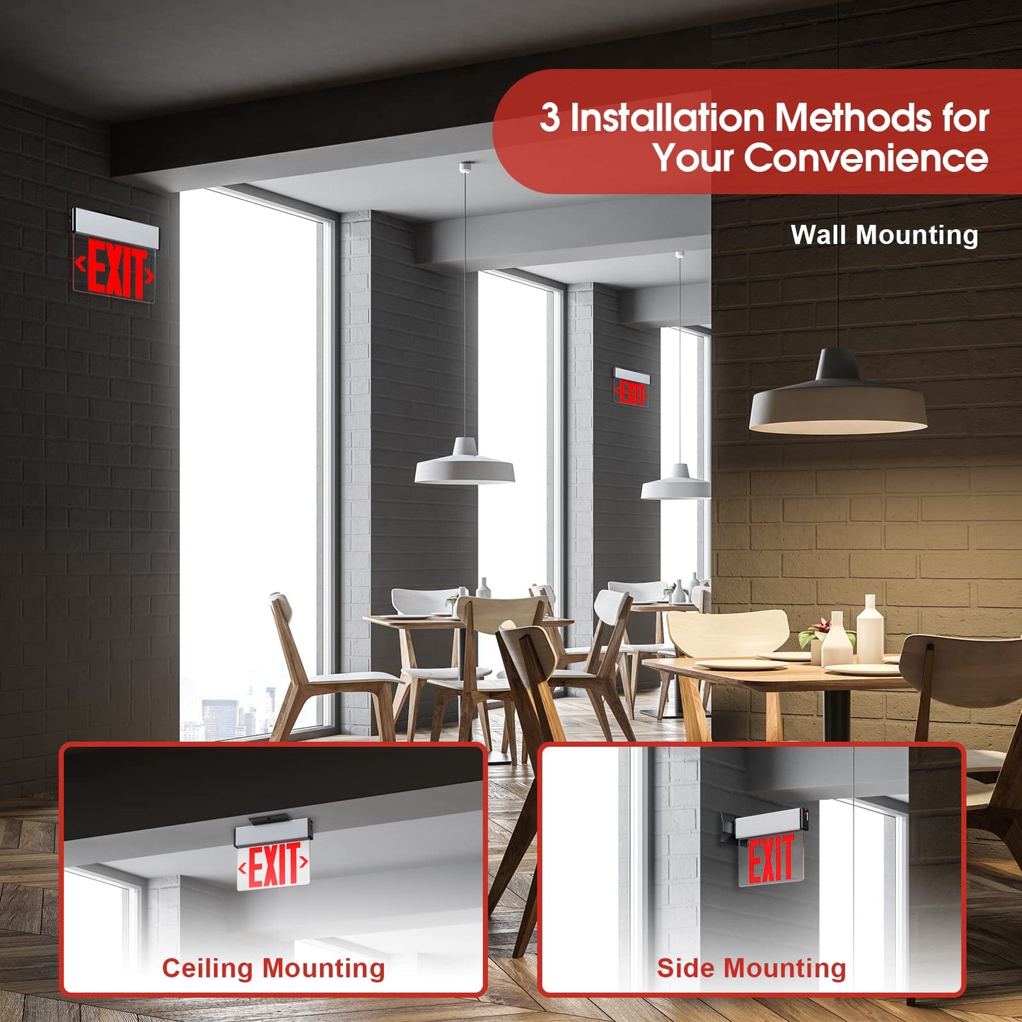 Red LED Edge Lit Exit Sign UL Listed, Brushed Aluminum Housing Single Sided Clear Acrylic Emergency Exit Signs with Battery Backup, AC 120-347V Hardwired Exit Lights, Top/Side/Wall Mount (4 Pack)