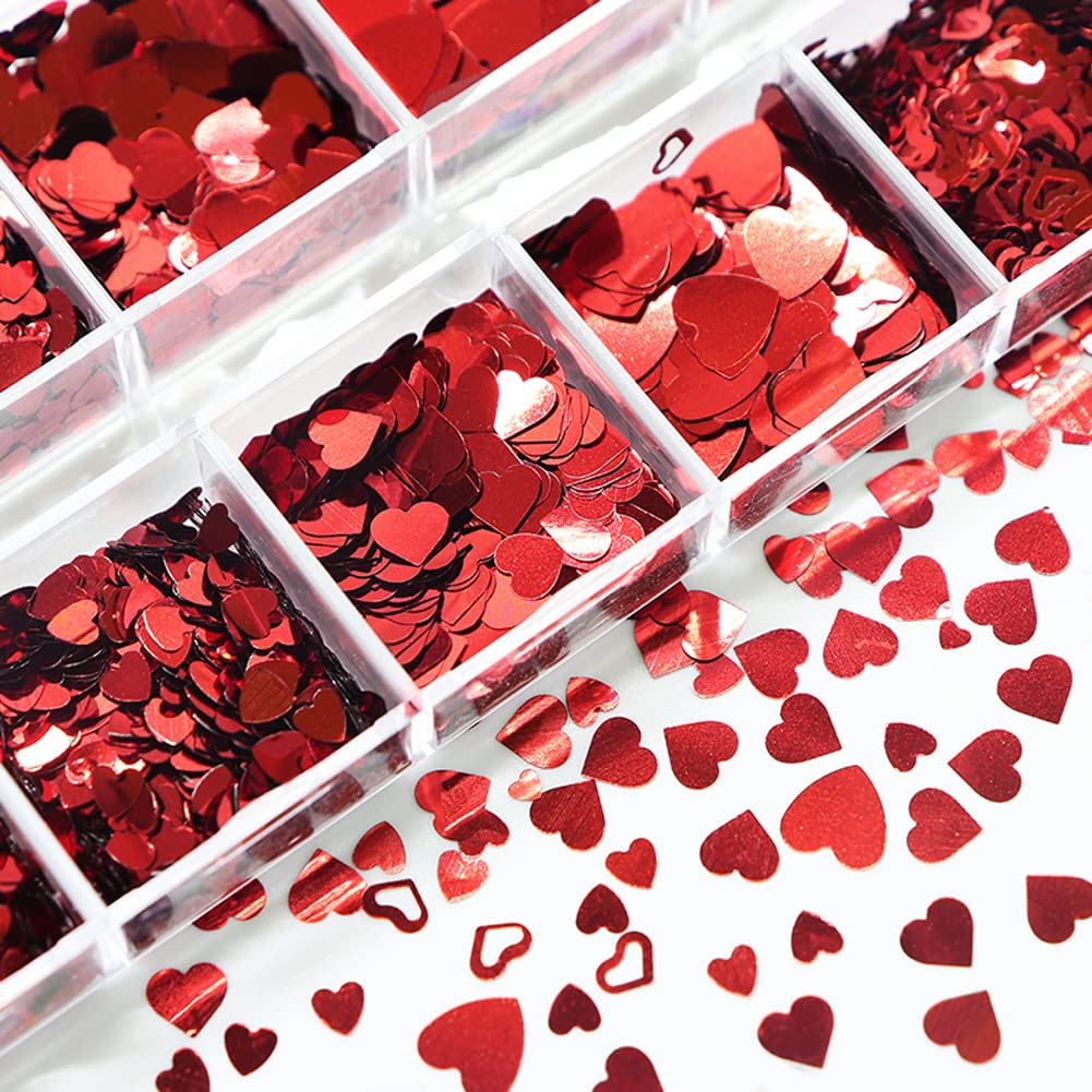 Heart Nail Art Glitters for Valentine Day Charms Nail Decorations Love Heart Nail Sequins Flakes,Holographic Red Hearts Nail Stickers for Acrylic Nails Supplies Valentine Manicure Accessories 12 Grids