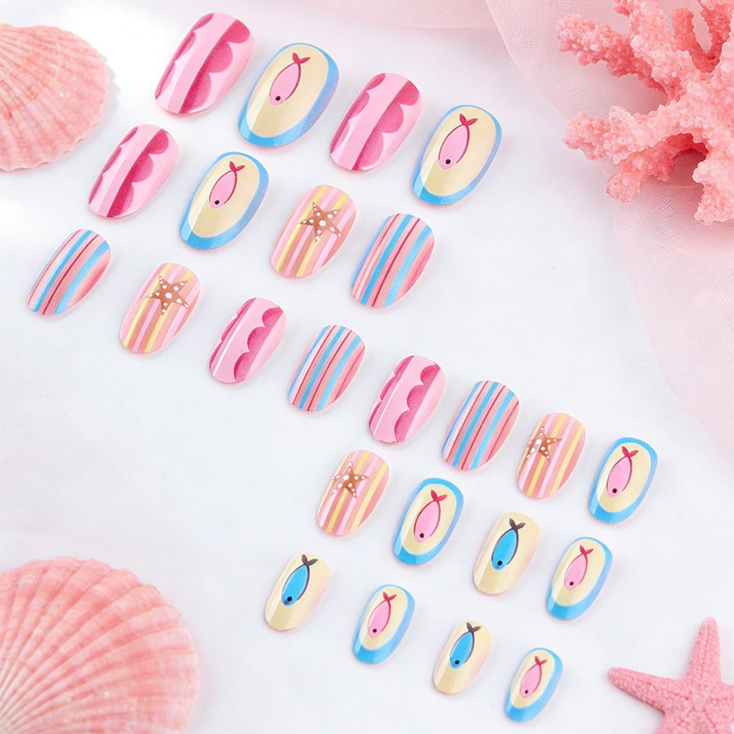 Cute Fish Press on Nails With Ocean Design, Glossy Colorful Striped Fake Nail, Medium Oval False Nails Starfish Glue on Nail, Beach Stick on Reusable Acrylic Fingernails for Women Summer Daily Wear