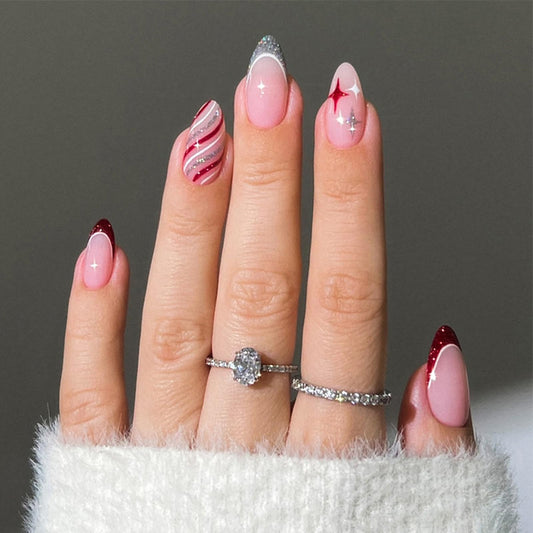 IMSOHOT Press on Nails Medium Almond Fake Nails Red Silver Glitter Glue on Nails Full Cover Cute Bling Star Acrylic False Nails