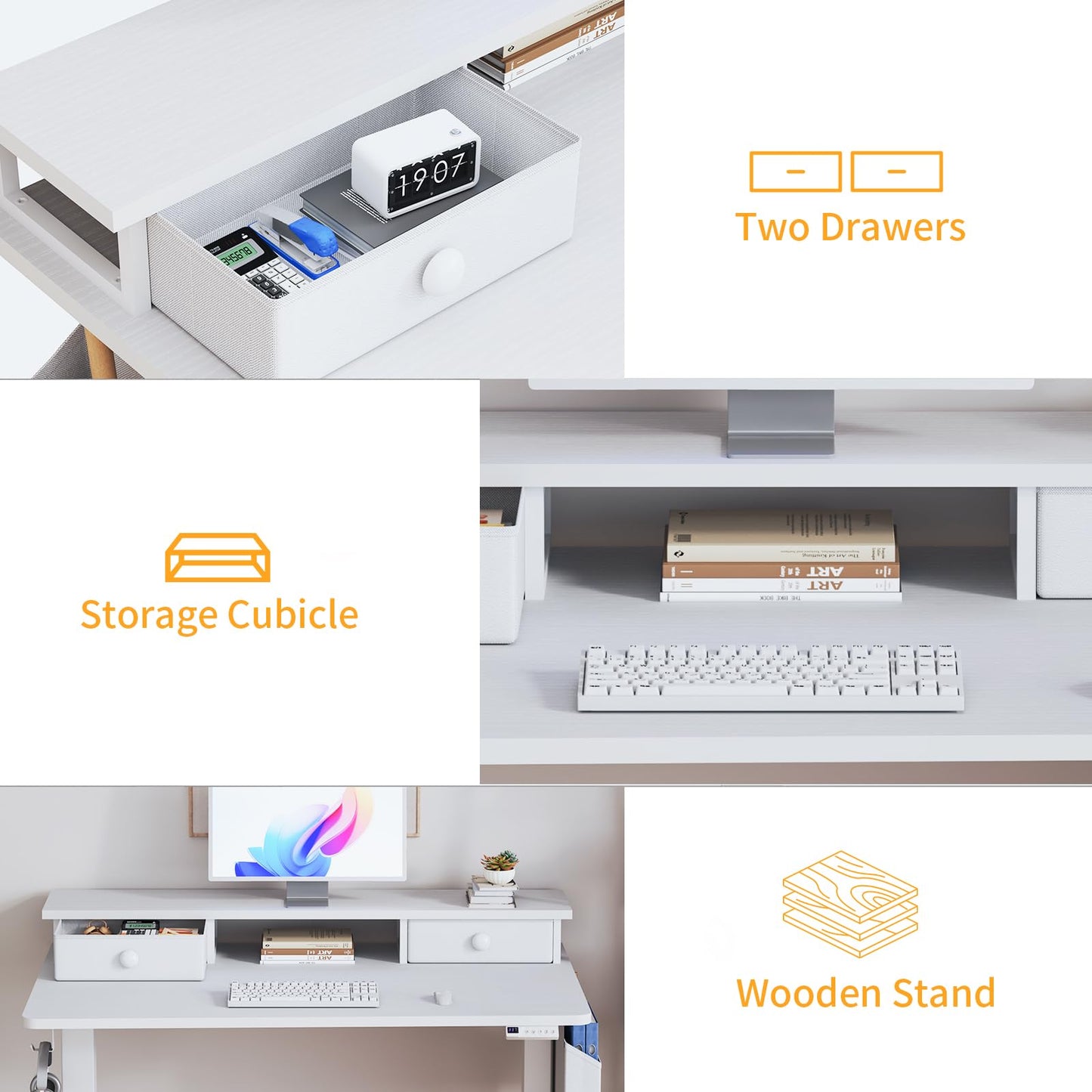 White Electric Standing Desk with Drawers - 40 Inch Small Standing Desk with Shelf Monitor Stand Storage Height Adjustable for Home Office, Study Writing Girls Computer Sit Stand Desks for Bedroom