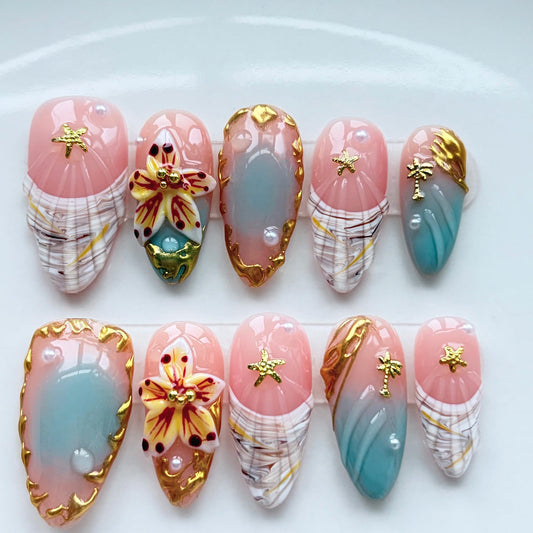 Threelegscat Press on Nails Medium Almond Nude Gradient 3D Flower & Starfish Handmade Reusable Fake Nails for Mother Gift & Daily Size M 10 PCS