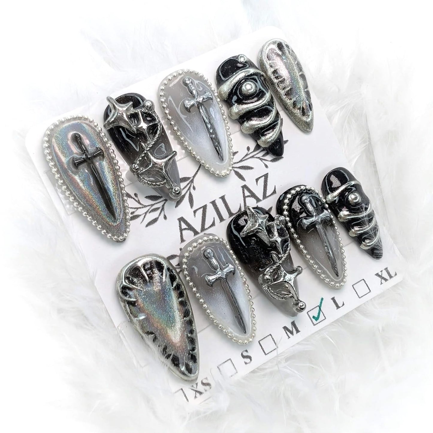 Press On Nails,Knight & Loyalty,Ombre Black & Sliver,Medium Stiletto Handmade10-Piece Set (Size XXS-XL) (L)
