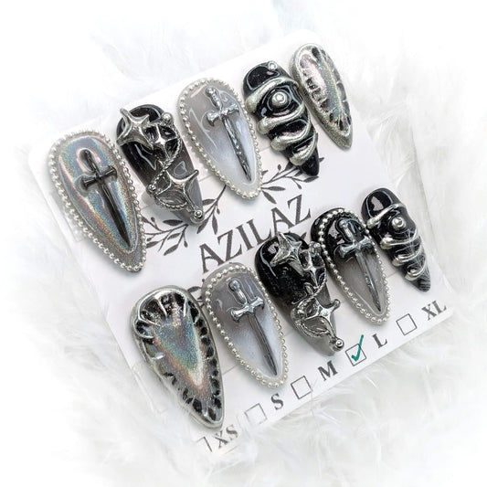 Press On Nails,Knight & Loyalty,Ombre Black & Sliver,Medium Stiletto Handmade10-Piece Set (Size XXS-XL) (L)