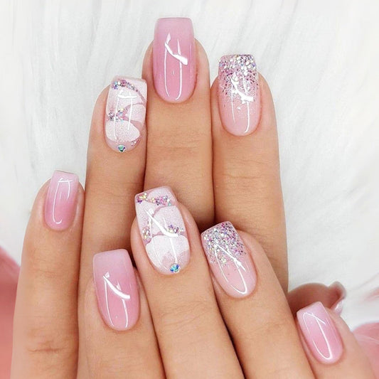 24Pcs Press on Nails Medium Square Fake Nails with Glitter Rhinestones Designs Glossy Nails Press ons Pink Gradient Glue on Nails Acrylic Artificial Stick on Nails for Women