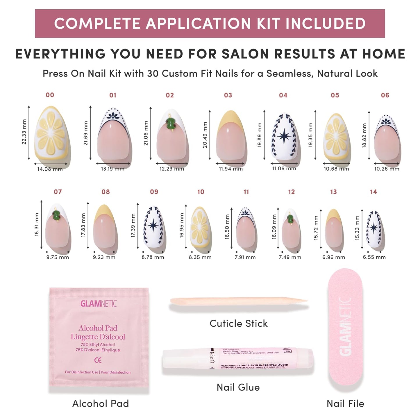 Glamnetic Press On Nails - Short Almond Fake Nails in Bright Orange with Olives, Lemons & Ceramic Designs, Salon Quality, Summer Nails | Aperitivo Hour | 15 Sizes - 30 Nail Kit with Glue