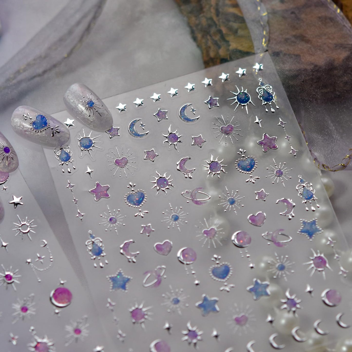 1 Sheet Sun Moon Star Nail Art Stickers 5D Embossed Nail Decals Purple Star Moon Sun Nail Art Stickers Celestial Nail Supplies Galaxy Y2K Silver Star Nail Design for Women DIY Manicure Decoration