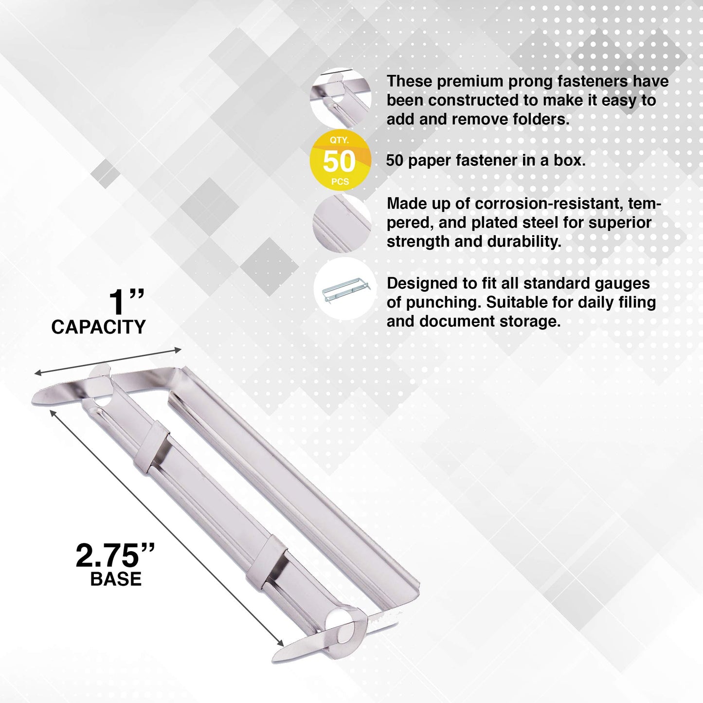 1 Inch Capacity Premium Prong Paper Fastener Complete Set, 2.75 Inch Base with Standard 2-Hole Punch for Home, Work, and School, by Olympx (50 per Box)