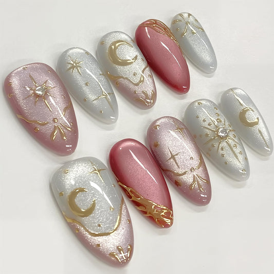 30Pcs Almond Press on Nails Medium Length Pink French Tip Fake Nails with Bohemia Designs Gold Stars Moon False Nails Glitter Pink Acrylic Nail Star Full Cover Glue on Nails for Women Nail Decorations