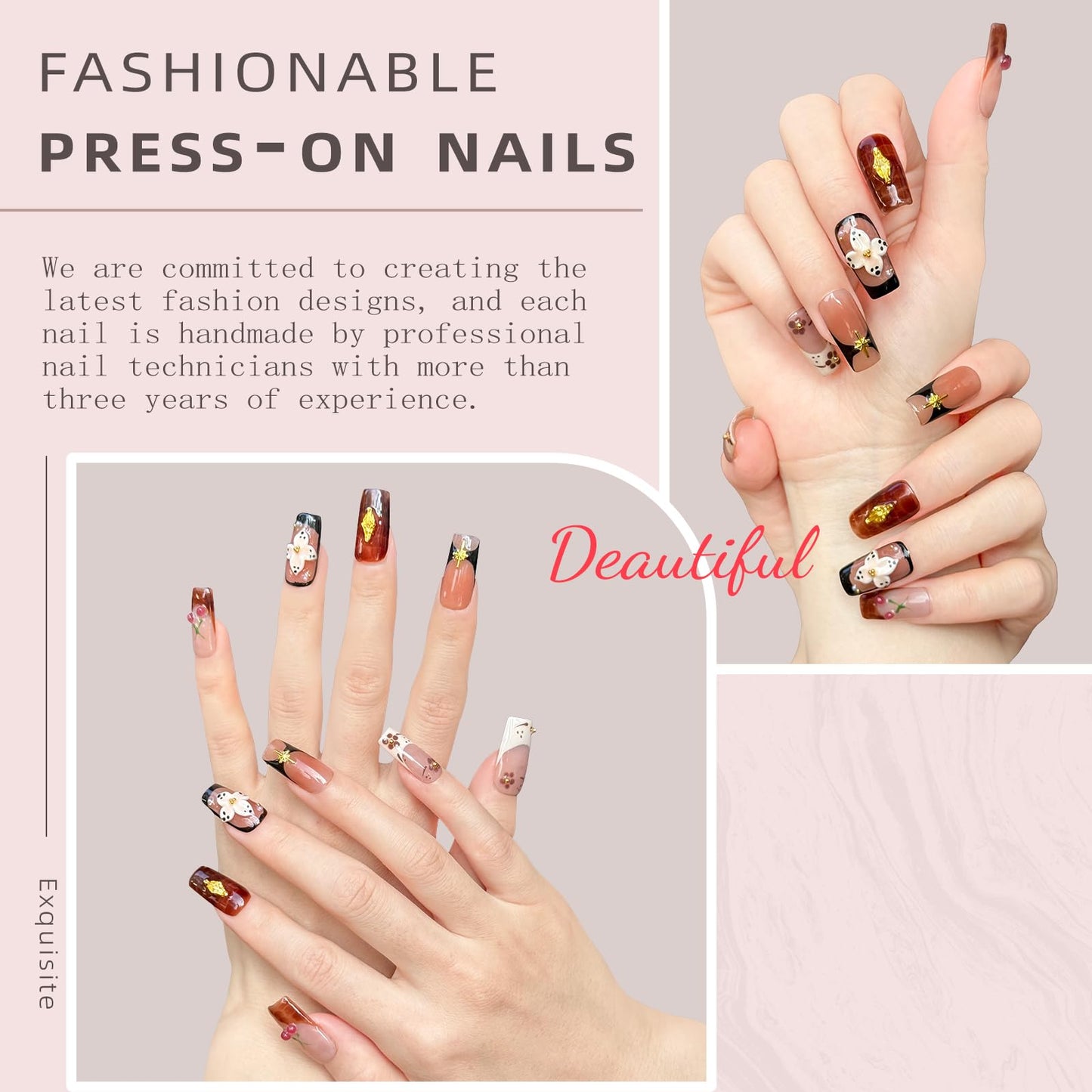 Handmade Long Square Press On Nails - 3D Flower & Cherry French Design, Reusable Acrylic Full Cover Nails (M-10PCS)