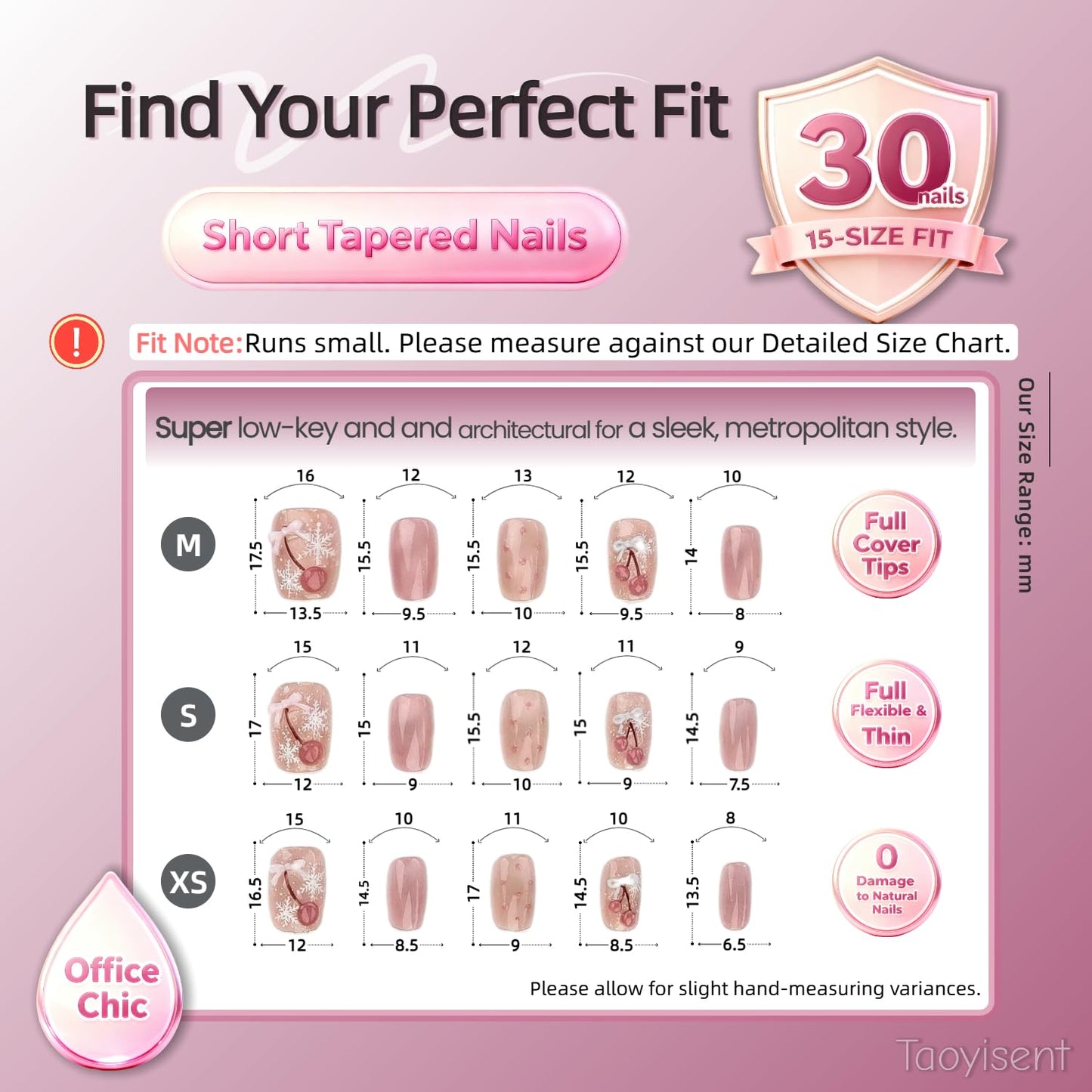 3D Bow & Cherry Press On Nails, Nude Pink Short Square Fake Nails with Snowflake Design, Glossy Cute On Nails for Women, 30PCS Set (The sizing runs small)