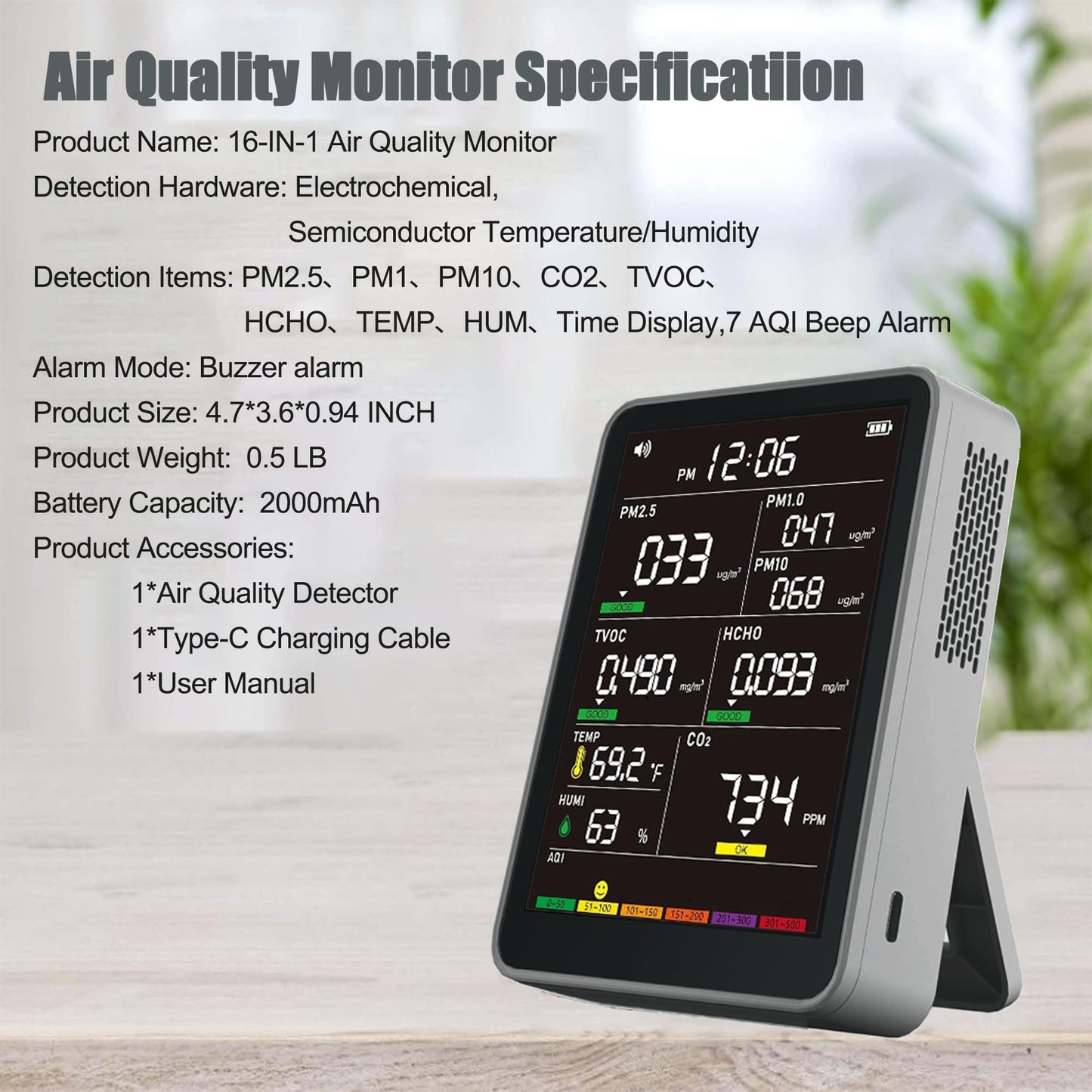Professional Indoor Air Quality Monitor with AQI Alarms, Portable Real-Time Detector for Home Cars Plants and Pets (Grey)